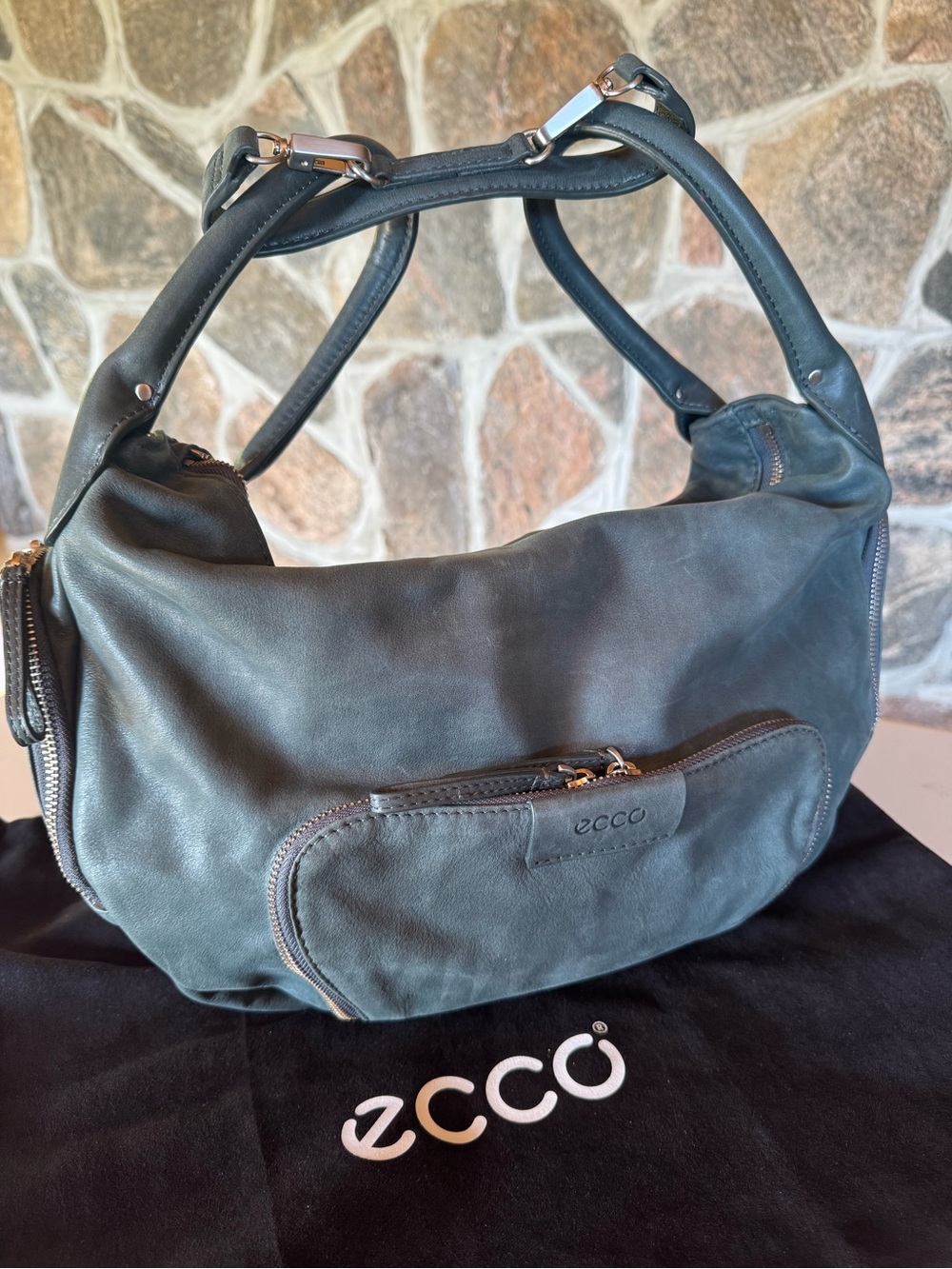 Ecco Teal Leather Shoulder Bag with Front Zip Pocket